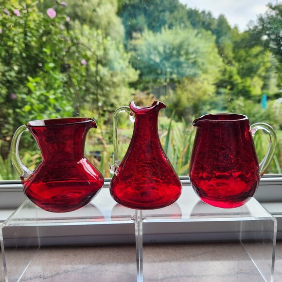 Pilgrim & Rainbow Glass Mini Pitcher Syrup Vase Set of 3 Ruby Red Crackle VTG - Picture 1 of 11
